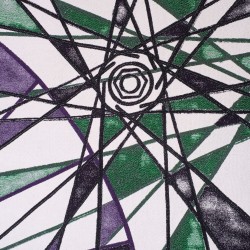szprychy, barwny kilim żakardowy, fiolet, zieleń, czerń i biel - zbliżenie